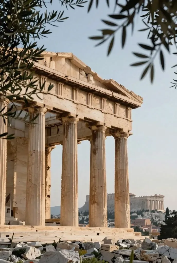 Weathered columns of an ancient Greek temple, with the Parthenon in the distance
