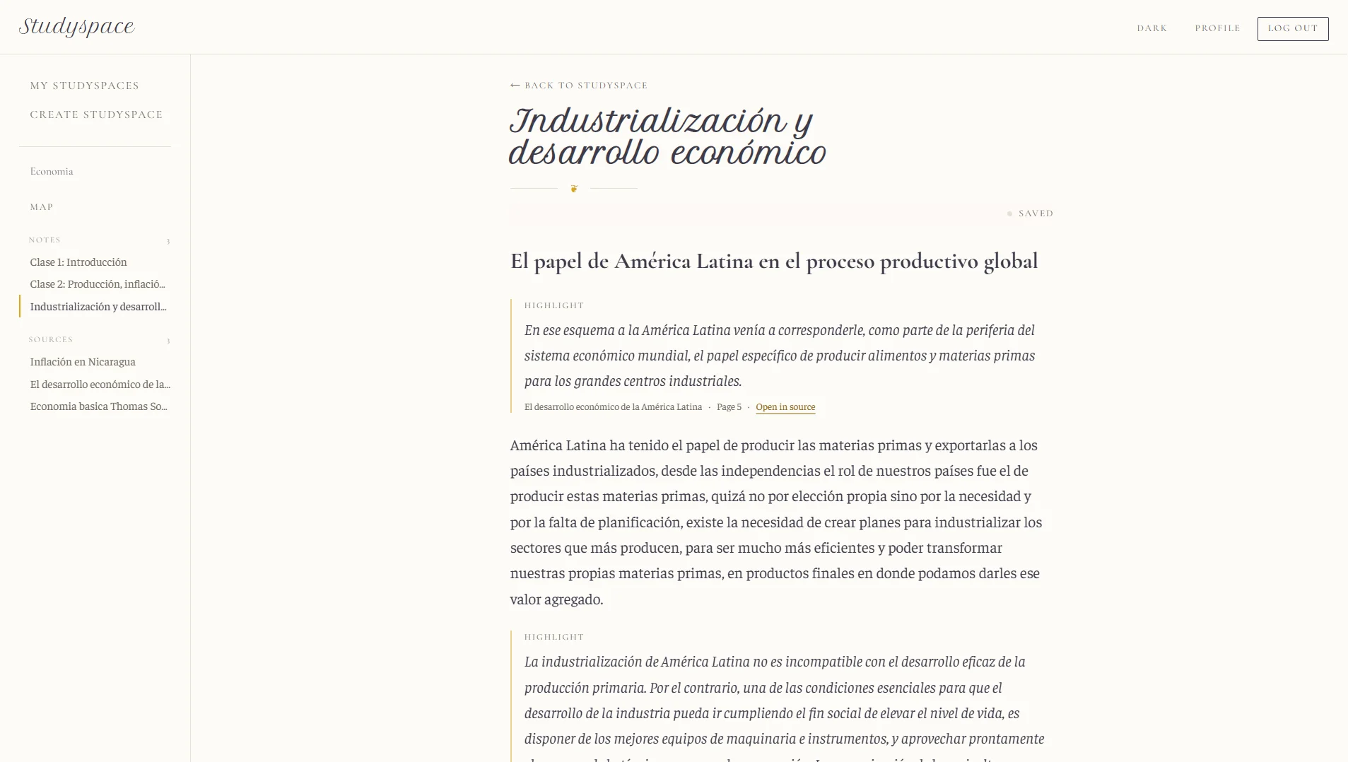A Study Space note that quotes highlights with their source and page number