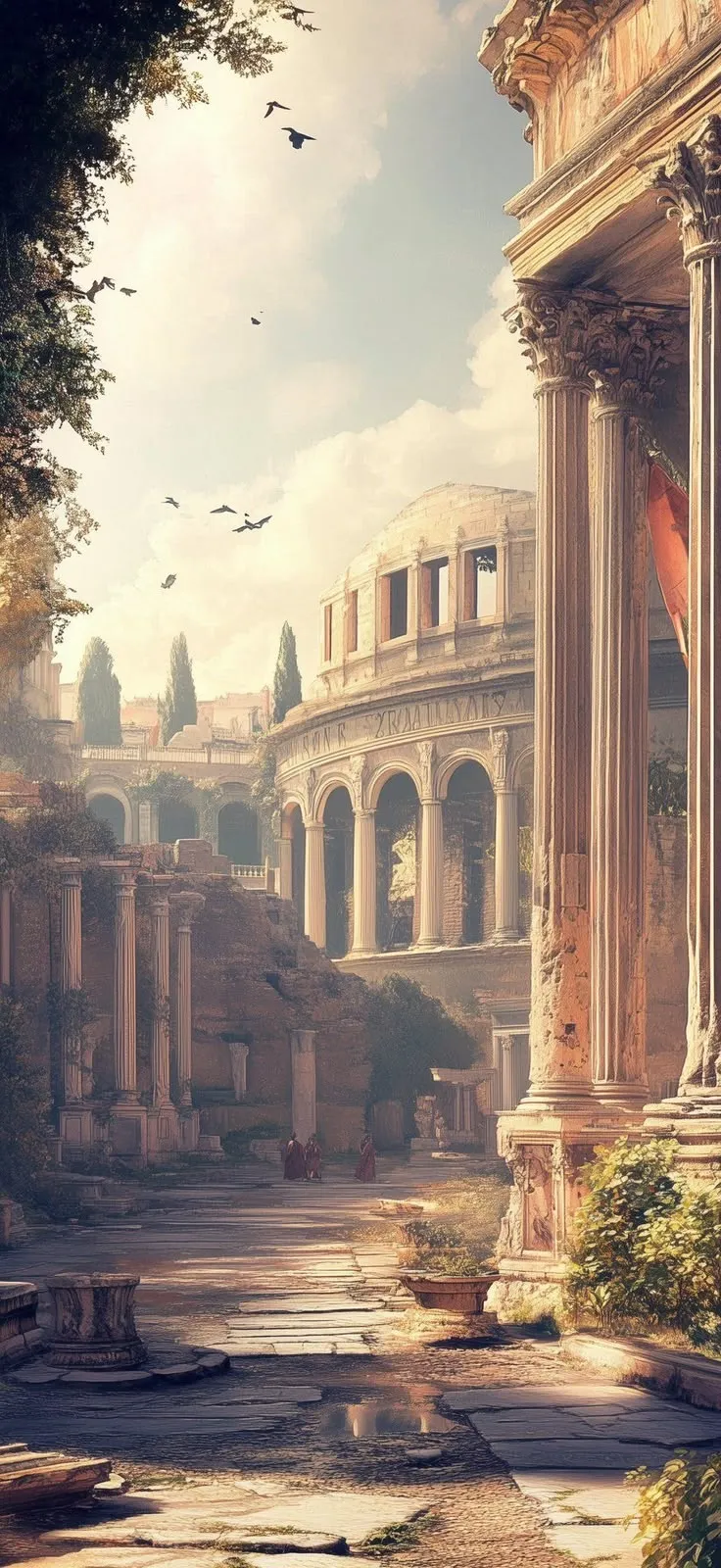 A Roman forum at golden hour, with a colonnade and an amphitheater behind it